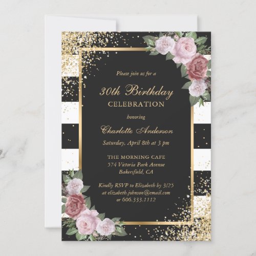 Black Gold Blush Pink Floral 30th Birthday Invitation