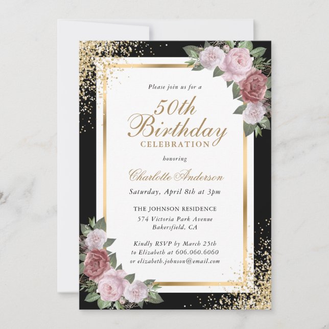 Black Gold Blush Pink Floral 50th Birthday Invitation (Front)