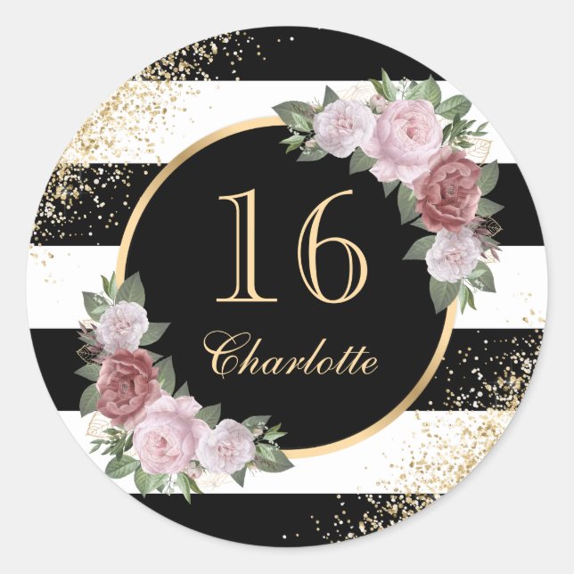 Black Gold Blush Pink Floral Sweet 16 Birthday Classic Round Sticker (Front)