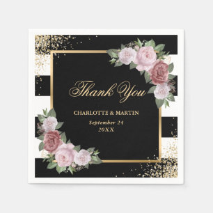 Black Gold Blush Pink Floral Thank You Wedding Napkins