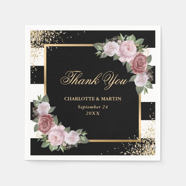 Black Gold Blush Pink Floral Thank You Wedding Napkins (Front)