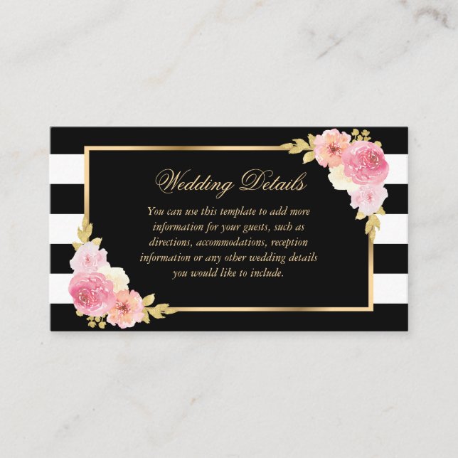 Black Gold Blush Pink Floral Wedding Details Card (Front)