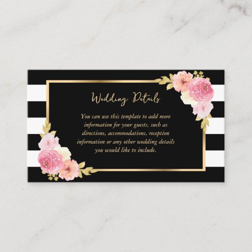 Black Gold Blush Pink Floral Wedding Details Card