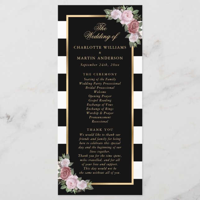 Black Gold Blush Pink Floral Wedding Program (Front)