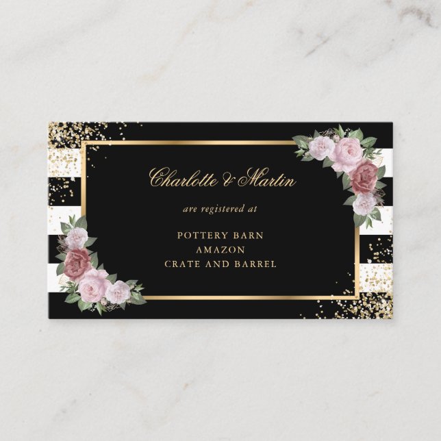 Black Gold Blush Pink Floral Wedding Registry Enclosure Card (Front)