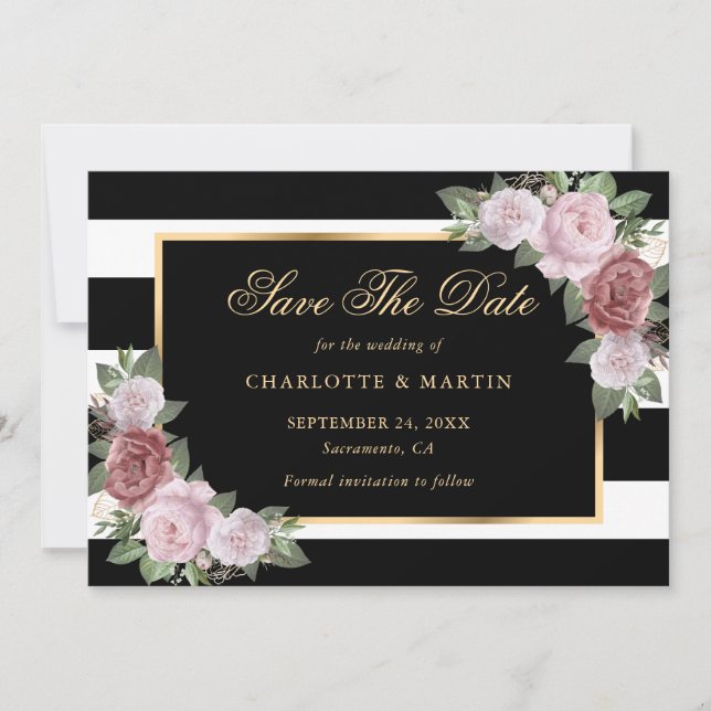 Black Gold Blush Pink Floral Wedding Save The Date (Front)