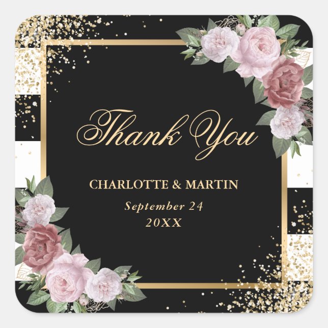 Black Gold Blush Pink Floral Wedding Square Sticker (Front)