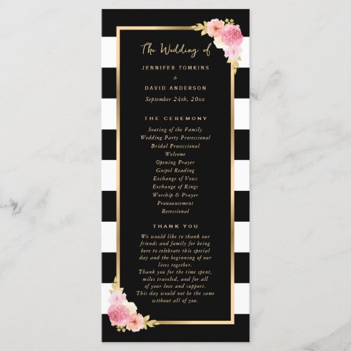 Black Gold Blush Pink Watercolor Floral Wedding Program