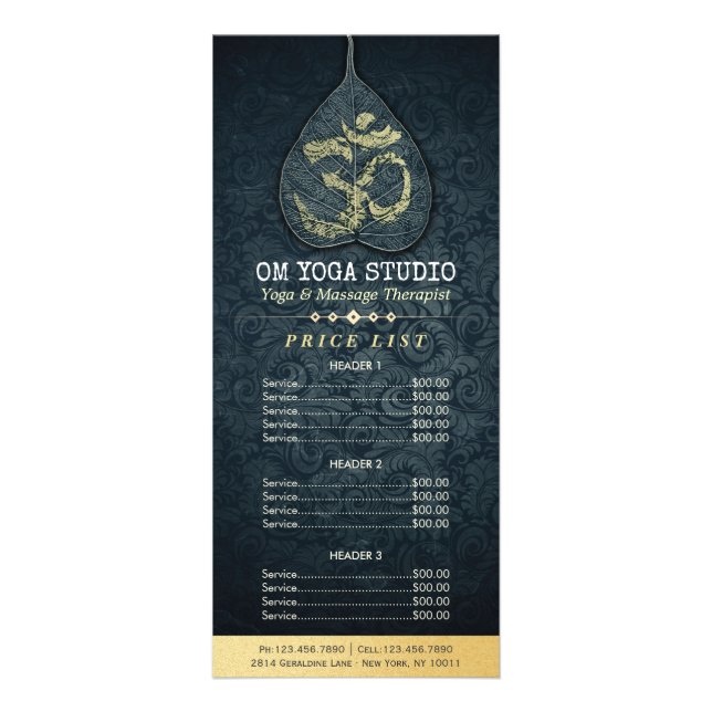 Black Gold Bodhi Leaf OM Symbol YOGA Price List Rack Card (Front)