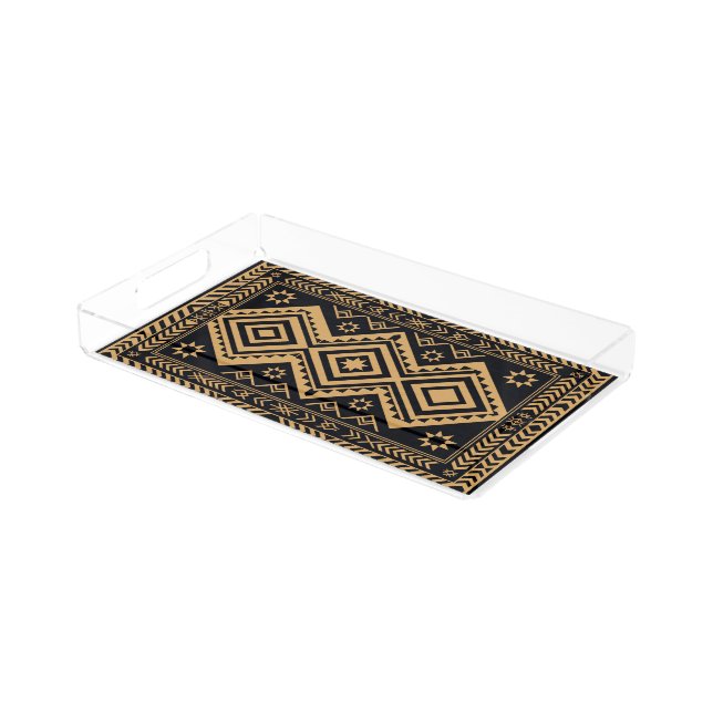 Black Gold Boho Abstract Surface Pattern Acrylic Tray (Angled)