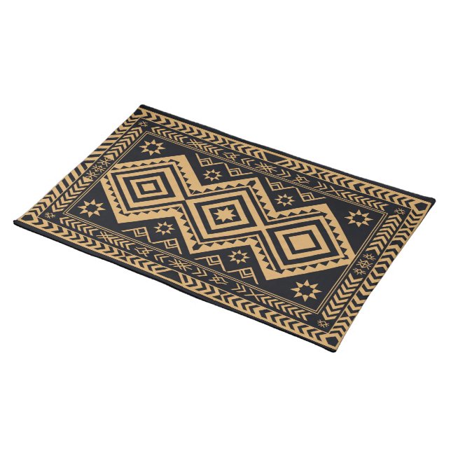 Black Gold Boho Abstract Surface Pattern Cloth Placemat (On Table)