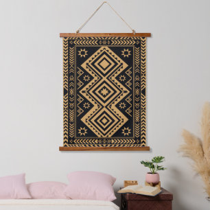 Black Gold Boho Abstract Surface Pattern Hanging Tapestry