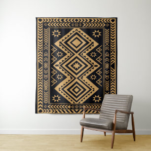 Black Gold Boho Abstract Surface Pattern Tapestry