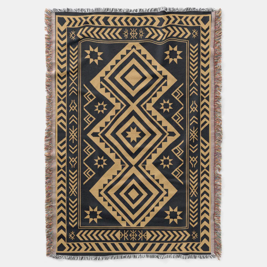 Black & Gold Boho Abstract Surface Pattern Throw Blanket