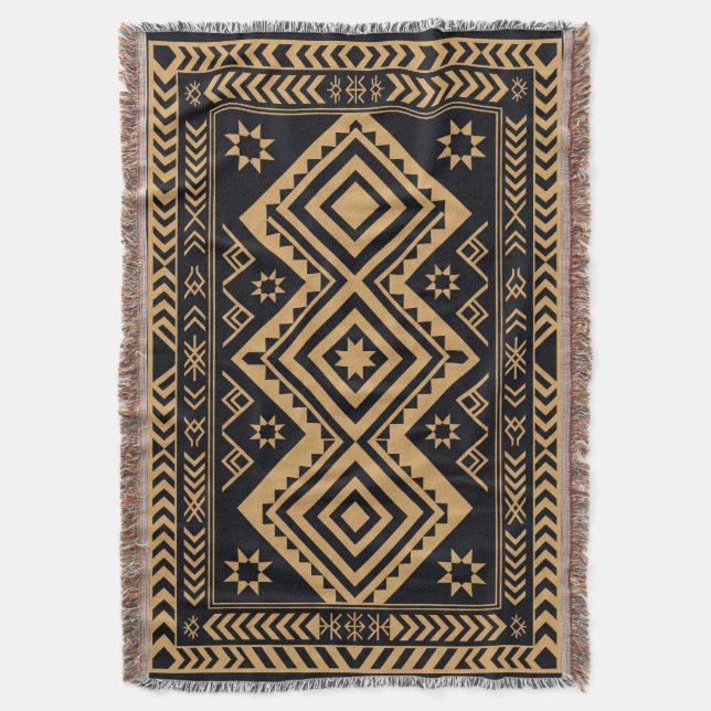 Black Gold Boho Abstract Surface Pattern Throw Blanket (Front Vertical)
