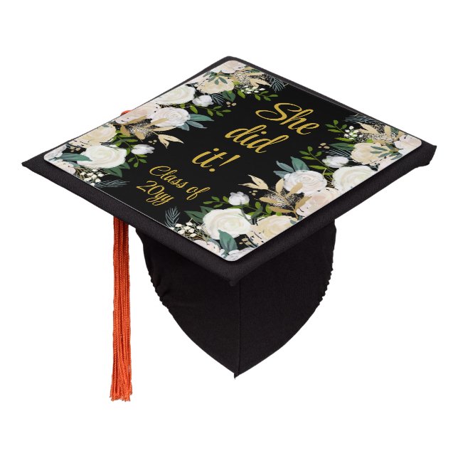 Black & Gold Boho Bohemian Chic Greenery Graduate Graduation Cap Topper (Angled)