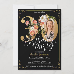 Black Gold Boho Floral 30th Birthday Invitation