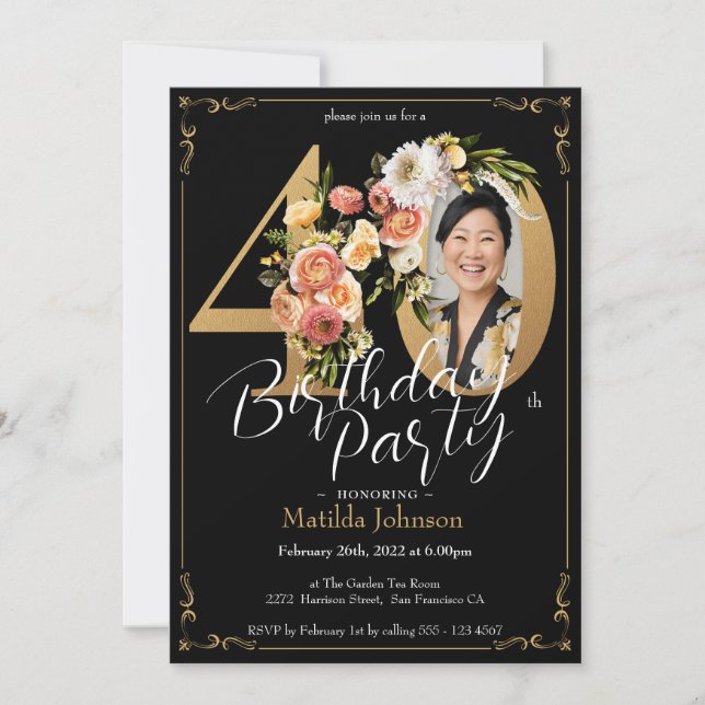 Black Gold Boho Floral 40th Birthday Party Invitation (Front)