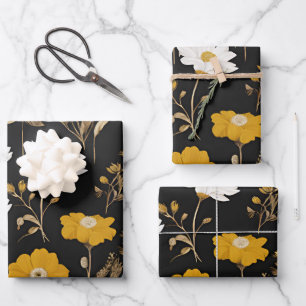 Black Gold Boho Wildflower Garden Wrapping Paper Sheets