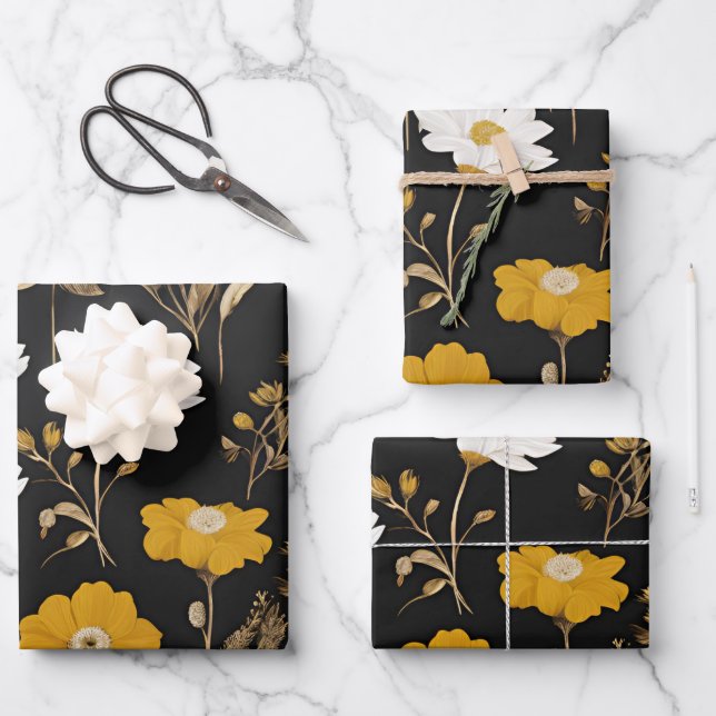 Black Gold Boho Wildflower Garden Wrapping Paper Sheets (Front)