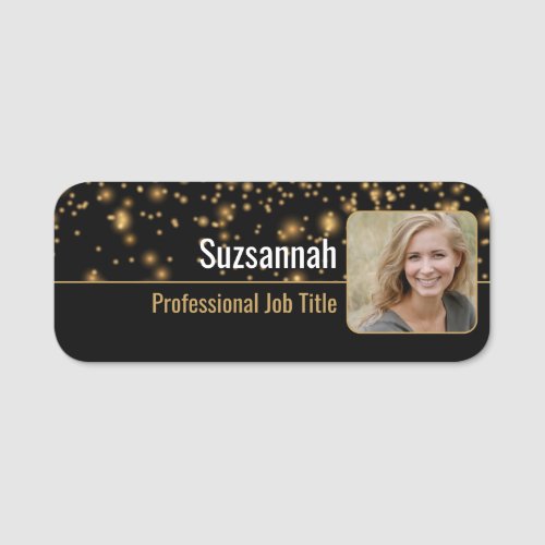 Black  Gold Bokeh Custom Photo on Right Name Tag