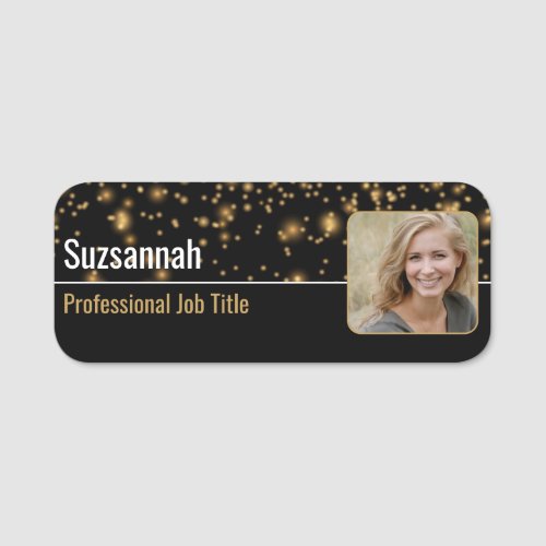 Black  Gold Bokeh Custom Photo on Right Name Tag