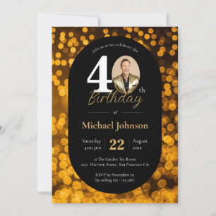 Black Gold Bokeh Photo 40th Birthday Invitation