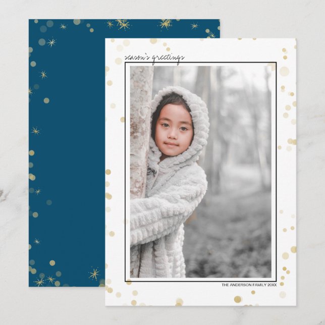 Black & Gold Bokeh Stars Season's Greetings Photo Holiday Card (Front/Back)