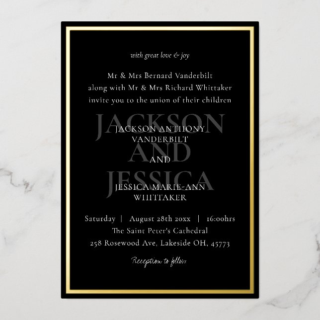 Black & Gold Bold Elegant Minimalist Wedding Foil Invitation (Front)