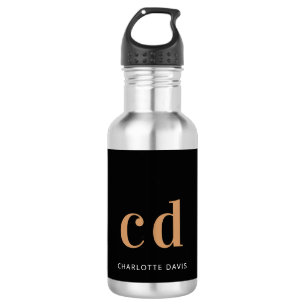 Black gold bold monogram initials name stainless steel water bottle