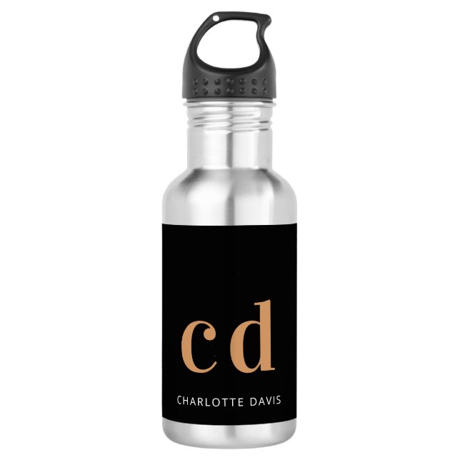 Black gold bold monogram initials name  stainless steel water bottle (Front)