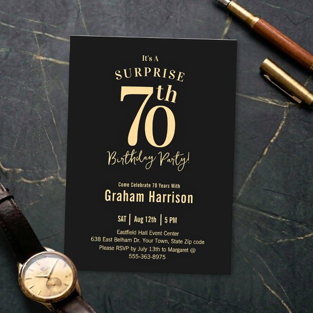 Black Gold Bold Typography Men's 70th Birthday Invitation (Creator Uploaded)