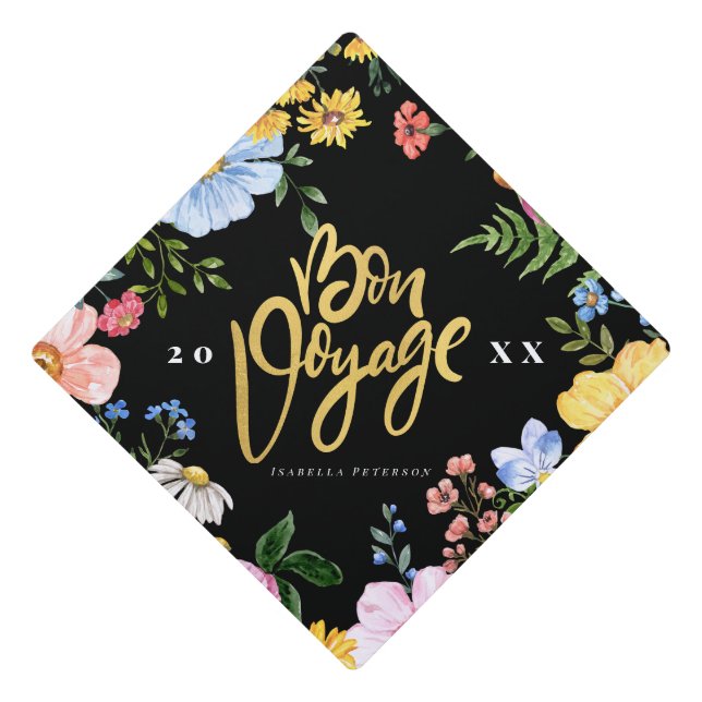 Black & Gold "Bon Voyage" Floral Graduation Graduation Cap Topper (Front)