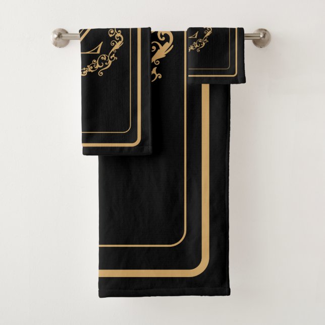 Black Gold Border Design Monogram Letter Bath Towel Set (Insitu)