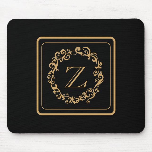 Black Gold Border Design Monogram Letter Mouse Pad (Front)
