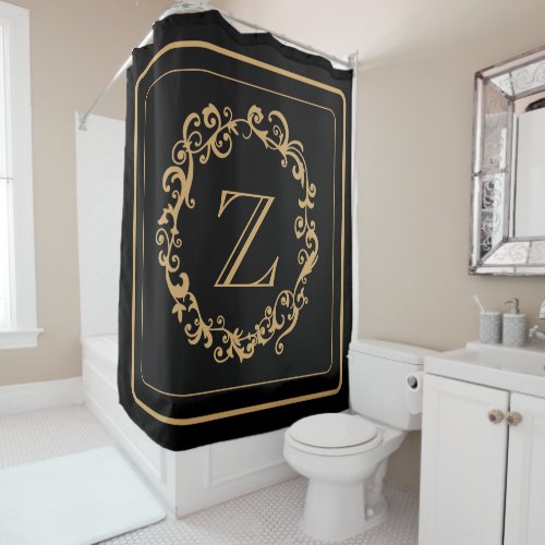 Black Gold Border Design Monogram Letter  Shower Curtain