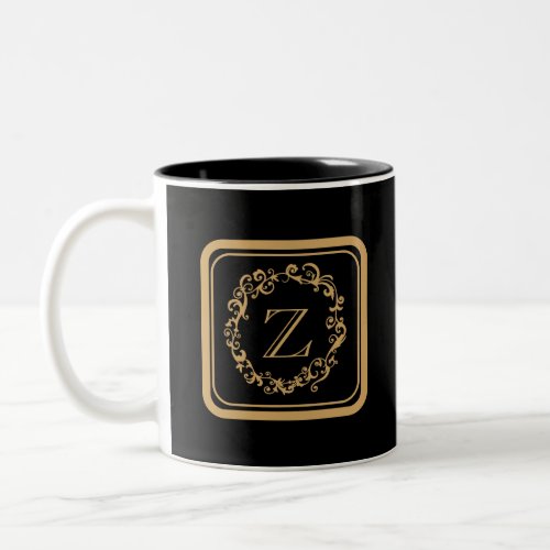 Black Gold Border Design Monogram Letter Two_Tone Coffee Mug