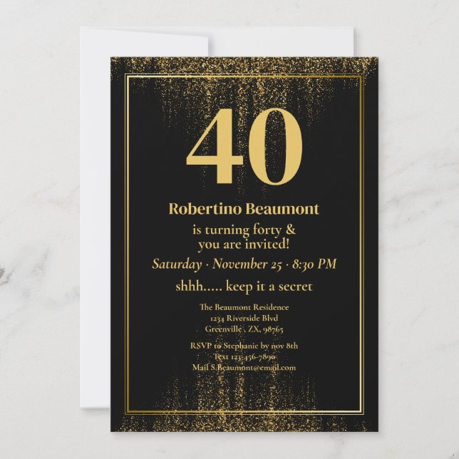 Black Gold Border Glitter Modern 40th Birthday Invitation | Zazzle
