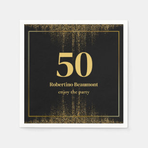 Black Gold Border Glitter Modern 50th Birthday Napkins