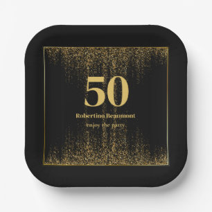 Black Gold Border Glitter Modern 50th Birthday Paper Plates