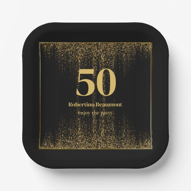 Black Gold Border Glitter Modern 50th Birthday Paper Plates (Front)