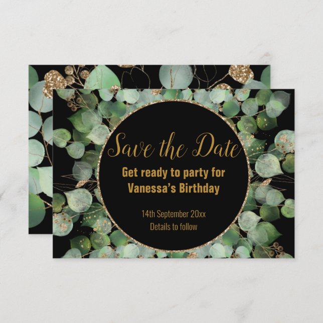 BLACK  GOLD BOTANICAL 2 SAVE THE DATE CIRCULAR ANNOUNCEMENT (Front/Back)