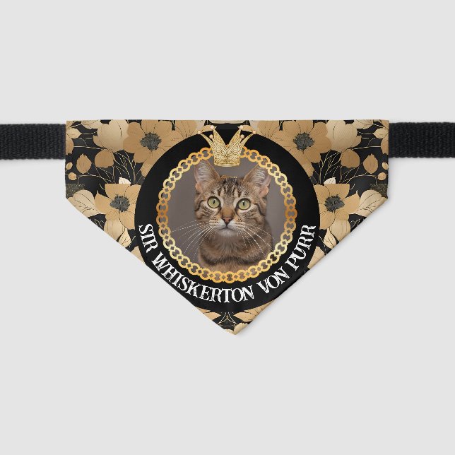 Black Gold Botanical Cat Photo Luxury Style Pet Bandana Collar (Front)