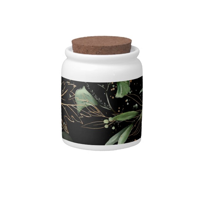 Black Gold Botanical Eucalyptus Elegant Greenery Candy Jar (Front)