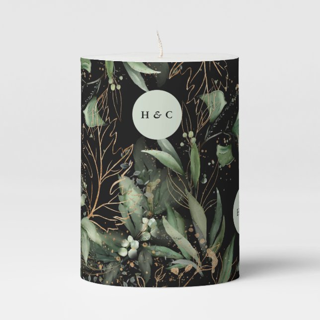 Black Gold Botanical Eucalyptus Elegant Greenery Pillar Candle (Front)