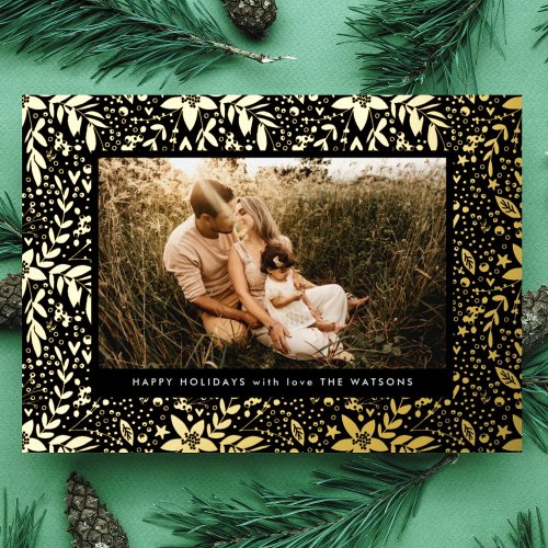 Black Gold Botanical Floral Frame Photo Happy Foil Holiday Card