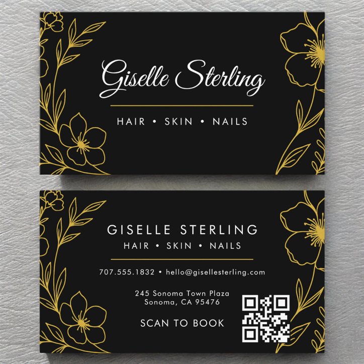 Black Gold Botanical Floral QR Code Beauty Salon Business Card