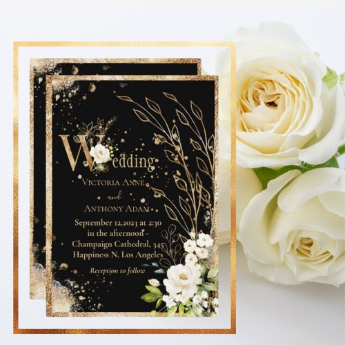 Black Gold Botanical Floral Rustic Wedding  Invitation
