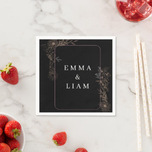 Black Gold Botanical Floral Wedding Cocktail Napkins