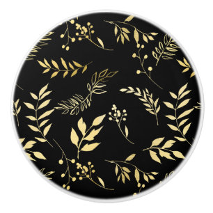 Black & Gold Botanical Glamour Glam Chic Leaves Ceramic Knob